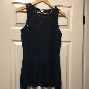Navy Blue sheer tunic top stud & lace accents